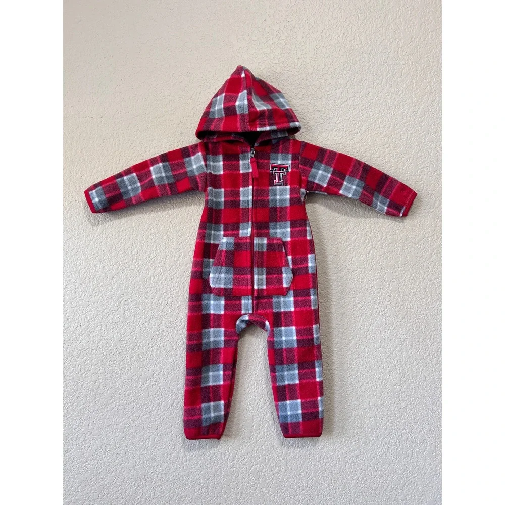 Colosseum 3-6M Texas Tech Red Raiders Plaid Fleece Hooded Union Suit Red